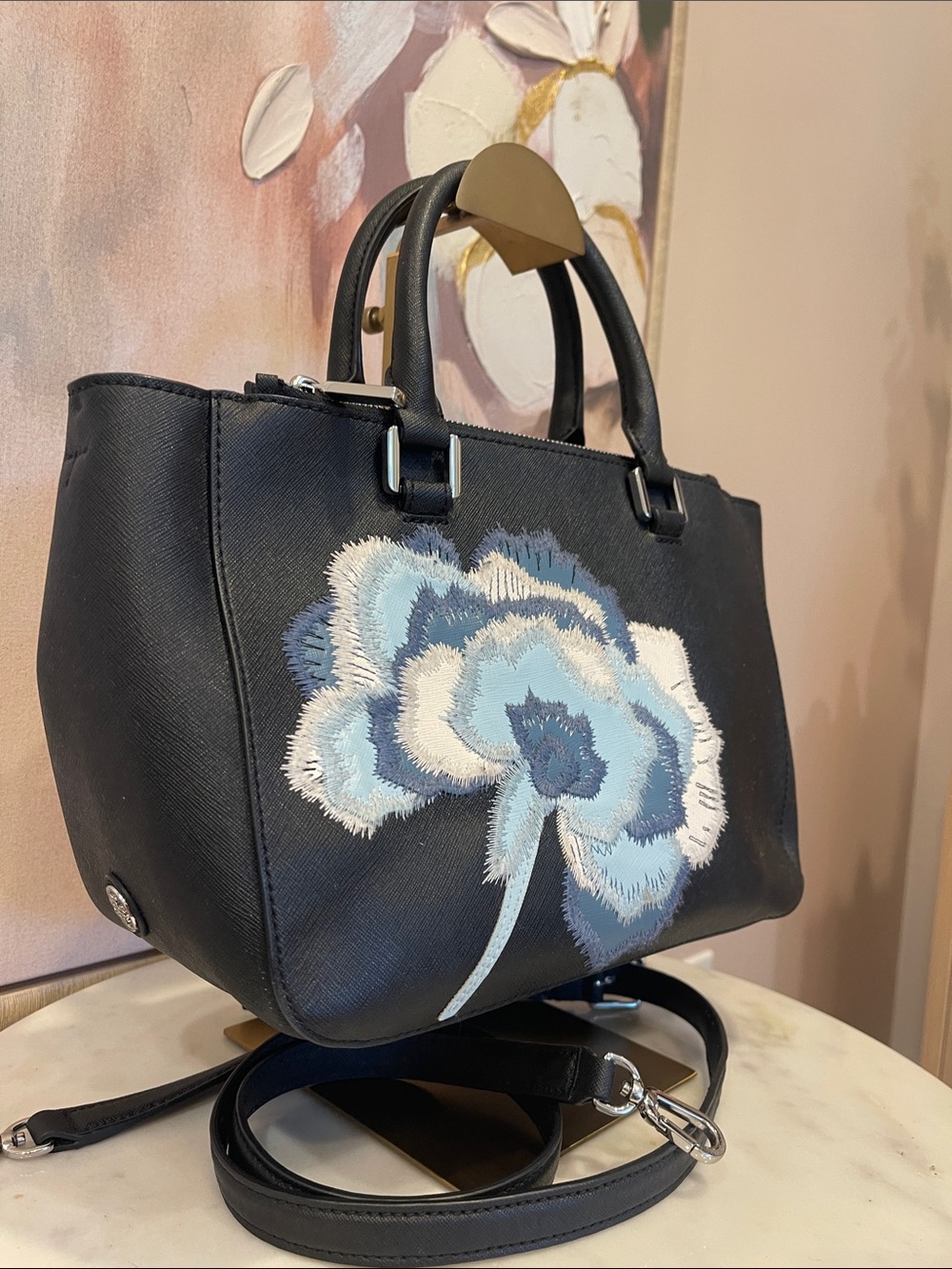 Tory Burch Black Leather Satchel with Blue and Cream Floral Appliqué - Picture 3 of 7